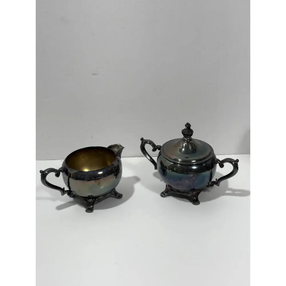Vintage MCM Silver Plated Creamer and Lidded Sugar Set Inner Pearled Silverplate